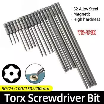 Биты отвертки Torx, защитная дрель с защитой от несанкционированного доступа, 50/75/100/150/200 мм, магнитная S2, 1/4 дюйма, шестигранная электрическая отвертка, ручные инструменты T5-T40