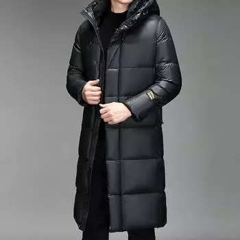 Black and Gold Long Over-knee Eight-piece Goose-velvet Jacket for Men s Plush Velvet Thickened White Goose-velvet Jacket M чёрный
