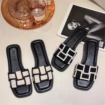 Black and White Plaid Slippers, Ladies Wear 2024 Summer New Flip-flops, Flat Beach Slippers, Women s Shoes 35 бежевый