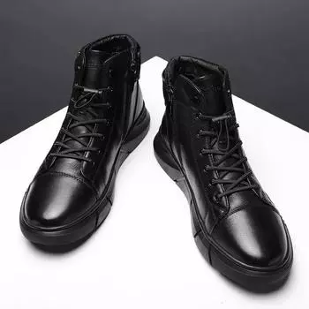 Black Ankle Boots Men Soft Bottom Elastic Band Pu Leather High Casual Shoes for Men Comfort Platform Boot Winter Fur Boots Botas 44 чёрный