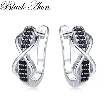 BLACK AWN Серьги-кольца с черным камнем Infinity Lucky Bow
