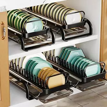 Black Bowl Dish Drainer Storage Rack Dinnerware Organizer Pull-out Drying Dishes Countertop Tableware Holder Kitchen Accessories