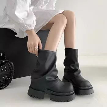 Black but knee thick heel platform boots women s 2025 new spring and autumn British style heightened and thin trouser tube boots 35
