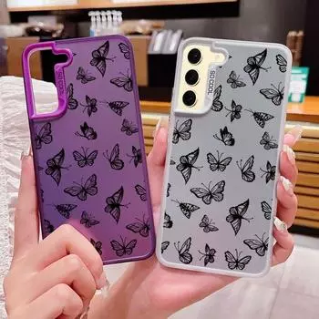 Black Butterfly Pattern Square Phone Case for Samsung S24 S22 Ultra S23 S21 S20 Fe A54 A53 A52 Shockproof Slim Anti-Fall Laser Imd Cover Samsung S24 серый