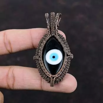 Black Color Evil Eye Pendant Copper Wire Wrapped Pendant Unique Style Pendant Wire Wrapped Gemstone Jewelry Handmade Copper Jewelry For Gift