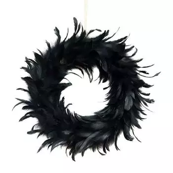 Black Feather Wreath Halloween Cocktail Front Door Hanging Garland Decor