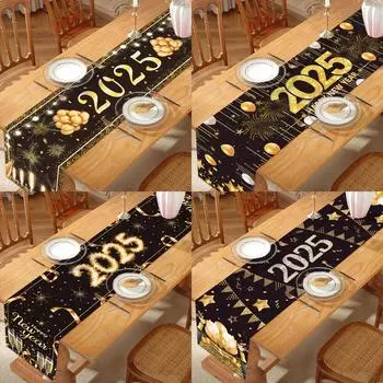 Black Gold New Year Table Flag Navidad Natal Noel Kitchen Dining Table Runner Merry Christmas Decor For Home 2024 New Year 2025