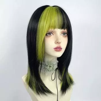 Black green fluorescent green burst top dyed clavicle hair wig One size темно-зеленого