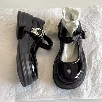 Black heightening round head platform small leather shoes women s new spring and summer retro Mary Jane single shoes 35 чёрный
