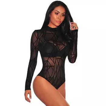 Black High Collar Long Sleeve Mesh Velvet Lingerie Size M