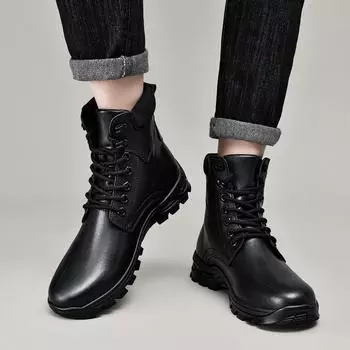 Black Leather Boots for Men Winter Boots Waterproof Lace Up Short Ankle Boots Outdoor Sport Walking Mountaineering Travel Shoes 38 чёрный