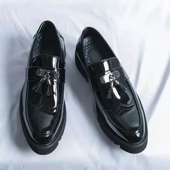 Black Loafers for Men Patent Leather Tassels Round Toe Block Mens Formal Shoes Handmade Size 38-46 Mens Shoes 38 чёрный