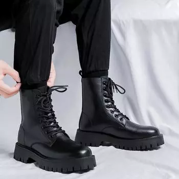 Black Men s Boots Business Leather Boots Fashion Boots Low Heeled Round Toe Short Boots British Style High Top Motorcycle Boots 38 чёрный