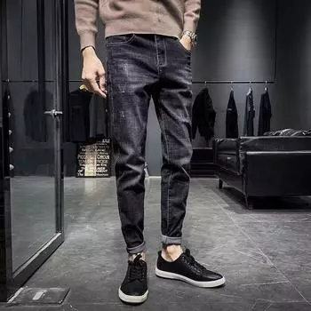 Black Men s Jeans 2024 Stretch Slim Jeans Korean Fashion Men s Versatile Casual Feet 30 чёрный