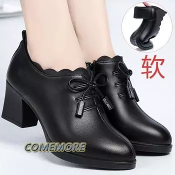 Black New Fashion Lace Leather PU Platform Pumps Korean Style Casual Waterproof Pointed Toe Shoes for Women S Spring Autumn Lady 35 чёрный