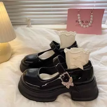 Black platform small leather shoes women s spring and autumn new height-increasing college Mary Jane single shoes 35 чёрный