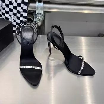 Black Pointed-toe Stiletto Heels Women s Spring Summer 2024 New Sexy Celebrity Trend One Line with Rhinestone Open Toe Sandals 34