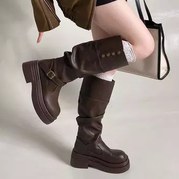Black retro British style thick heel platform boots women s 2024 new autumn and winter height-increasing and thin knight boots 35 чёрный