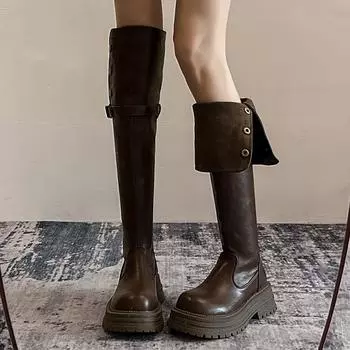 Black retro British style thick heel platform boots women s 2025 new boots tall and thin knight boots 35 коричневый
