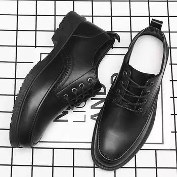 Black Round Toe Platform Thick Sole Leather Shoes for Men High Quality Fashion Man Casual Shoe Adults 2024 Trend Comfortable Pu 39