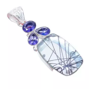 Black Rutile Quartz, Tanzanite 925 Sterling Silver Jewelry Pendant 2.5 AH-3257 2.17 синий