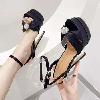 Black Sexy Open Toe Extreme High Heel Party Shoes Waterproof Platform Rhinestone Buckle Strap Summer Women s Sandals 35 чёрный