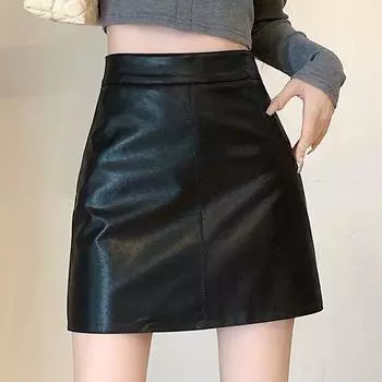 Black Small Leather Skirt Skirt for Women s Winter New High-waisted Slim Pu Leather Short Skirt Anti-exposure A-line Hip-pack Skirt S чёрный