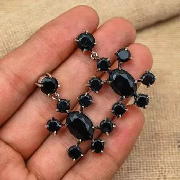 Black Spinel Gemstone Handmade 925 Sterling Silver Jewelry Earring Gift For Love