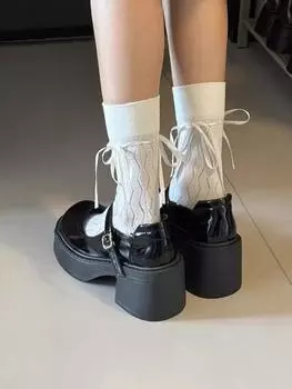 Black thick heel platform small leather shoes women s autumn new heightening Mary Jane shoes high heels 35 чёрный