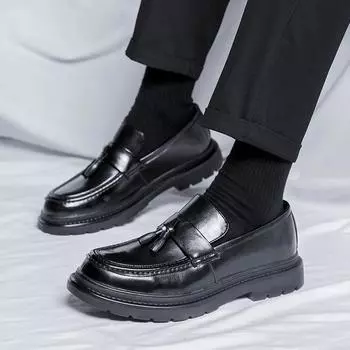 Black thick soled men s loafers Fashionable British style Outdoor leisure business party Office Wedding Groom Leather Shoes 38 чёрный