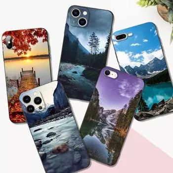 Black tpu case for iphone 5 5s se 2020 6 6s 7 8 plus x 10 XR XS 11 12 13 mini pro MAX back cover mountain natural scenery iphone 13