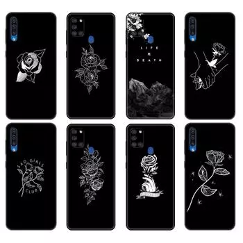 Black tpu Case For Samsung Galaxy A50 50S A30S A10 A01 A11 A21S A31 A41 A51 A71 M21 M30S S10 LITE Cover black white Rose flower Samsung A01