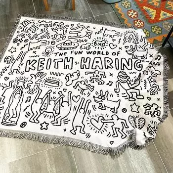 Black White Graffiti Blankets for Bed Cartoon Cotton Throw Blankets Creative Interesting Double-sided Outdoor Camping Picnic Mat 90x90cm