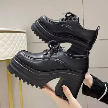Black White Punk Rock Gothic Pumps Women Chunky Block High Heels Shoes Round Toe Lace Up Thick Platform Heel Shoes 2024 4.5 чёрный