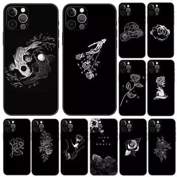 black white Rose flower phone case for iphone 5 5s 2020se 6 6s 7 8 plus x 10 XR XS 11 12 13 mini pro MAX black tpu back cover iphone 5 5S SE 2016