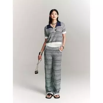 Blacknini High Elastic Knitting Polo Collar Top Knee Socks Wide Leg Pants Two-piece Set Short sleeve L