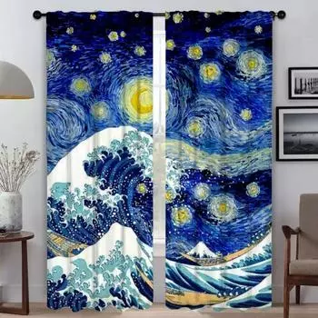 Blackout Kitchen Curtains for Living Room Curtain Van Gogh Home Interior Curtains 2 Pieces Shades Partition Tulle for Bedroom W50xH70cmx2pcs-CL