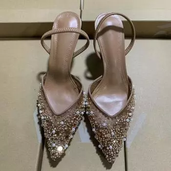 Bling Bling Fashion Pearls Sequined Air Mesh Women Pumps Sandals Elegant Thin High heels Female Slingbacks Party Modern Shoes 35