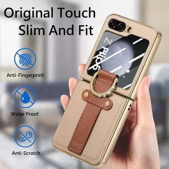 Bling Finger Ring Holder Leather Case for Samsung Galaxy Z Flip 5 Flip5 Flip4 Flip 4 5G Zflip5 Temepred Glass Protective Film for Samsung Z Flip 5