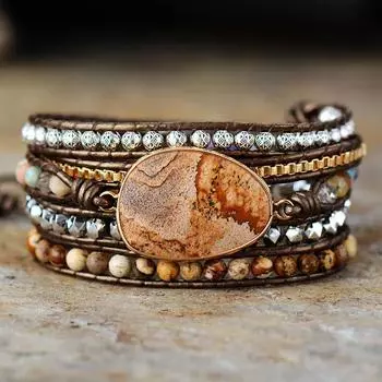 BLINGBAY женский браслет, новый натуральный камень, 5 кругов, кожаный браслет, ретро ювелирные аксессуары, современные ювелирные изделия, подарок