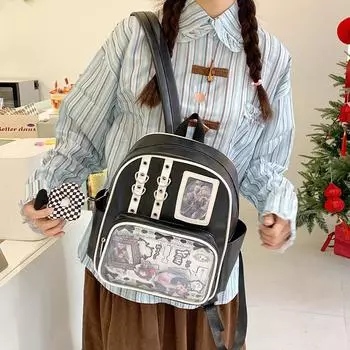 Blocked Color Simple Student Backpack With Transparent Compartment Badge Display
