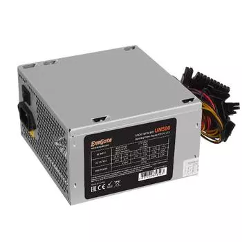 Блок питания Exegate Un500 atx Sc, 12 см вентилятор, 24 контакта, 4 контакта Pcie, 3xsata, 2xide, FDD, кабель 220 В, с защитой от вытягивания