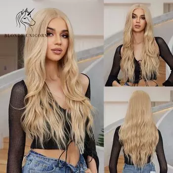 BLONDE UNICORN Парик с кружевной передней частью, парик с волнистыми волосами, синтетические парики для черно-белых женщин, повседневные вечерние косплей, термостойкие
