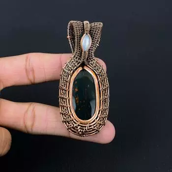 Уникальный кулон из драгоценных камней, кровавого и лунного камня, из чистой медной проволоки, ручной работы 2.56 Inches чёрный