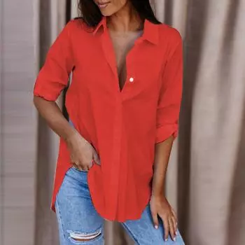 Blouse For Women s Long Sleeve Button Down Shirts Casual Loose Business Work Tunic Top XL красный