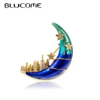 Blucome, традиционные эмалированные броши в форме блестящей синей луны со звездным замком для женщин и детей, костюм, платье, булавки для хиджаба синий