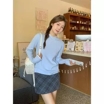 Blue age-reducing lace fungus half-high collar long-sleeved knitted bottoming shirt with new autumn and winter tops for women One Size