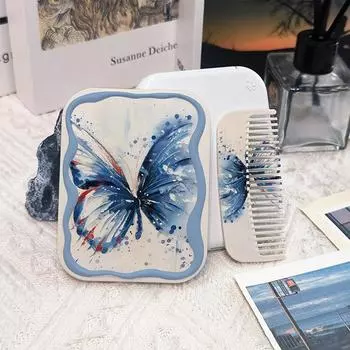 Blue Butterfly Pattern Portable Clamshell Folding Makeup Mirror With Comb For Women Girls Gift Makeup Tools one size
