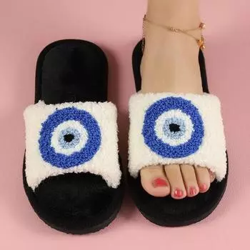 Blue Evil Eyes Curly Slippers Autumn Women Plush Slippers Couple Open Toe Home Cotton Shoes Flat Bedroom Warm Flannel Slippers EUR 36-37 чёрный