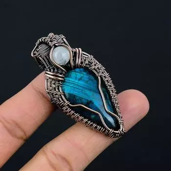 Подвеска из драгоценного камня Blue Flash Labradorite, обернутая медной проволокой, ожерелье с подвеской из лабрадорита, ювелирные изделия из лабрадорита, подарок для нее синий